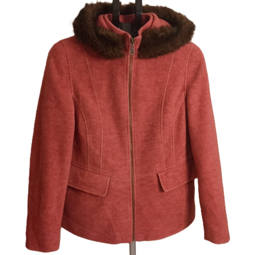 L.L. Bean Wool Blend Fleece Walking Coat Rose Pink Fur Hood Women’s Petite M